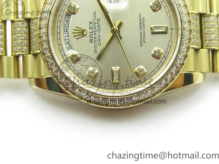 0212 DailyWear Day-Date 36mm 128235 YG Crystal BP Best Edition Silver Crystal Marker Dial on YG President Bracelet A 2676